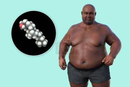 Téléchargez les photos : Illustration médicale 3D montrant un homme en surpoids avec une vue rapprochée d'une molécule de cholestérol, mettant en évidence le lien entre l'obésité et les altérations du métabolisme du cholestérol. - en image libre de droit
