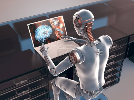 Foto de Ilustración 3D de un robot humanoide que estudia el cerebro humano y el ADN con un portátil, destacando la aplicación de la inteligencia artificial en la ciencia, la medicina y los estudios genéticos humanos. - Imagen libre de derechos