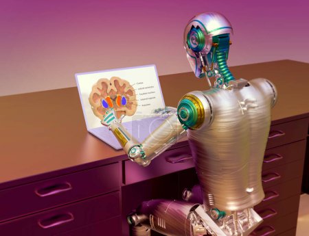 Foto de Ilustración 3D de un robot humanoide que estudia el cerebro humano con una computadora portátil, destacando la aplicación de la inteligencia artificial en la ciencia y la medicina. - Imagen libre de derechos