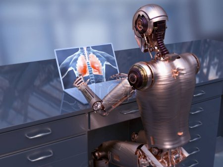 Téléchargez les photos : Illustration 3D d'un robot humanoïde étudiant les poumons et le système respiratoire humains avec un ordinateur portable, mettant en évidence l'application de l'intelligence artificielle en science et en médecine. - en image libre de droit