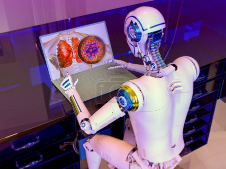 Téléchargez les photos : Illustration 3D d'un robot humanoïde étudiant les poumons et virus humains infectant le système respiratoire avec un ordinateur portable, mettant en évidence l'application de l'intelligence artificielle en science et en médecine. - en image libre de droit