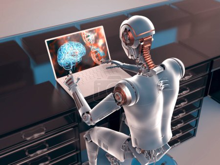 Téléchargez les photos : Illustration 3D d'un robot humanoïde étudiant le cerveau humain et l'ADN avec un ordinateur portable, mettant en évidence l'application de l'intelligence artificielle dans les études scientifiques, médicales et génétiques humaines. - en image libre de droit