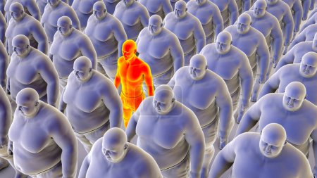 Téléchargez les photos : Une seule personne de poids normal à peine visible au milieu d'un grand groupe de personnes en surpoids identiques, illustration 3D conceptuelle soulignant les défis de la sensibilisation à l'obésité et les disparités en matière de santé. - en image libre de droit