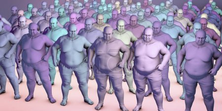 Photo for An organized arrangement of cloned overweight people, representing the obesity epidemic's widespread impact on society, conceptual 3D illustration - Royalty Free Image