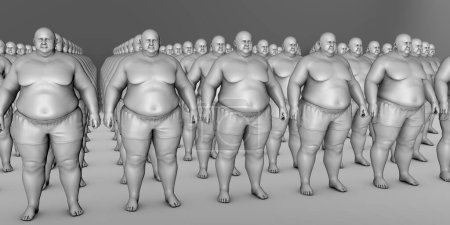 Téléchargez les photos : Un arrangement organisé de personnes en surpoids clonées, représentant l'impact généralisé de l'épidémie d'obésité sur la société, illustration 3D conceptuelle - en image libre de droit