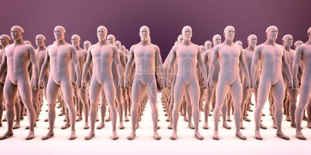 Téléchargez les photos : Un clone de personnes identiques, debout de manière organisée, illustration 3D représentant la conformité, l'identité et les normes sociétales. - en image libre de droit
