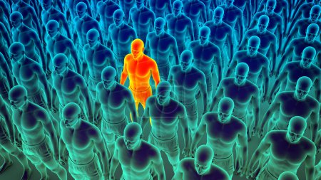 Photo for A clone of identical people standing in an organized manner, with one person colored differently, 3D conceptual illustration symbolizing individuality and uniqueness amidst conformity. - Royalty Free Image