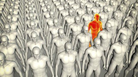 Téléchargez les photos : Un clone de personnes identiques debout d'une manière organisée, avec une personne de couleur différente, illustration conceptuelle 3D symbolisant l'individualité et l'unicité parmi la conformité. - en image libre de droit