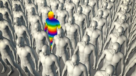 Téléchargez les photos : L'illustration 3D conceptuelle représente un clone de personnes incolores identiques debout d'une manière organisée, avec une personne colorée en couleurs arc-en-ciel, symbolisant l'inclusivité et la diversité LGBT. - en image libre de droit