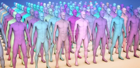 Foto de Un clon de personas idénticas de pie de una manera organizada, cada color diferente, ilustración 3D que simboliza la diversidad y la individualidad dentro de la unidad. - Imagen libre de derechos