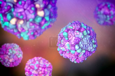 Echo-Viren, 3D-Illustration, eine Gruppe kleiner, einsträngiger RNA-Viren der Gattung Enterovirus, von denen bekannt ist, dass sie eine Reihe von Krankheiten verursachen, darunter Atemwegs- und Magen-Darm-Infektionen.