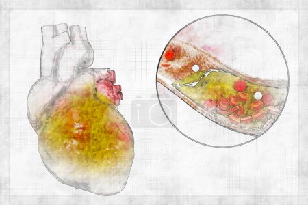Photo for Obese heart and closeup view of coronary artery with cholesterol plaque, 3D illustration in sketch style. Conceptual image for cardiovascular diseases and atherosclerosis. - Royalty Free Image