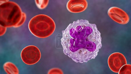 Illustration 3D détaillée révélant la structure interne complexe d'une cellule monocytaire, vitale pour la défense du système immunitaire.