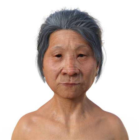 Foto de Una ilustración fotorrealista en 3D con el retrato de una mujer asiática mayor, mirando con confianza a la cámara, revelando su piel envejecida, sus expresiones faciales y su intrincada anatomía corporal. - Imagen libre de derechos