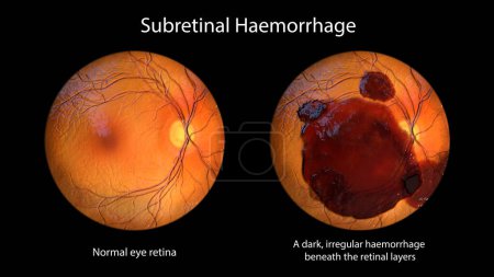 Photo for Medical 3D illustration of a subretinal hemorrhage observed during ophthalmoscopy, revealing a dark, irregular hemorrhage beneath the retinal layers. - Royalty Free Image