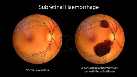 Photo for Medical 3D illustration of a subretinal hemorrhage observed during ophthalmoscopy, revealing a dark, irregular hemorrhage beneath the retinal layers. - Royalty Free Image