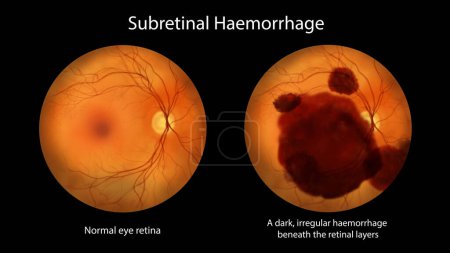 Foto de Ilustración médica de una hemorragia subretiniana observada durante la oftalmoscopia, revelando una hemorragia oscura e irregular debajo de las capas retinianas. - Imagen libre de derechos