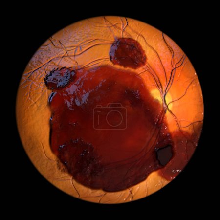 Ilustración médica 3D de una hemorragia subretiniana observada durante la oftalmoscopia, revelando una hemorragia oscura e irregular debajo de las capas retinianas.