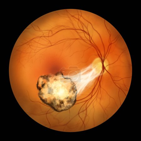 Téléchargez les photos : Illustration représentant une rétinochoroïdite Toxoplasma observée lors d'une ophtalmoscopie, montrant des bandes de traction allant d'une cicatrice cicatrisée au disque optique. - en image libre de droit