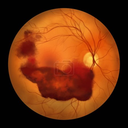 Foto de Una ilustración médica que representa la hemorragia vítrea observada durante la oftalmoscopia, revelando sangre dentro del humor vítreo oscureciendo los detalles de la retina.. - Imagen libre de derechos