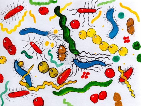 Foto de Ilustración infantil dibujada a mano de bacterias en colores acrílicos vibrantes, mostrando diversas formas, fomentando la curiosidad artística sobre microbiología. - Imagen libre de derechos