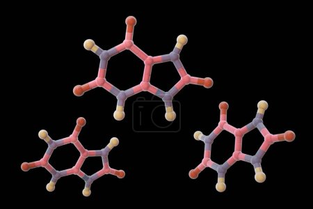 Foto de Modelo molecular de ácido úrico, compuesto con significación clínica ligado a gota y trastornos metabólicos, ilustración 3D. - Imagen libre de derechos