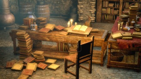 Ilustración en 3D de una sala medieval llena de libros antiguos, una mesa iluminada por velas y una librería rústica que evoca la historia.