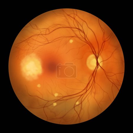 Photo for Retina in blastomycosis (infection caused by fungi Blastomyces dermatitidis) as seen during ophthalmoscopy. An illustration showing scattered yellow choroidal infiltrates and a choroidal mass lesion. - Royalty Free Image