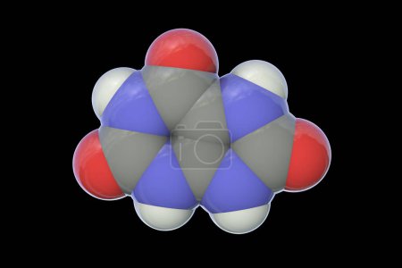 Foto de Modelo molecular de ácido úrico, compuesto con significación clínica ligado a gota y trastornos metabólicos, ilustración 3D. - Imagen libre de derechos