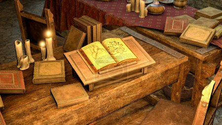Téléchargez les photos : Une salle médiévale pleine de livres anciens, et un livre ouvert avec de vieux dessins médicaux sur une table éclairée par une bougie, illustration 3D. - en image libre de droit