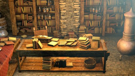 Foto de Ilustración en 3D de una sala medieval llena de libros antiguos, una mesa iluminada por velas y una librería rústica que evoca la historia. - Imagen libre de derechos