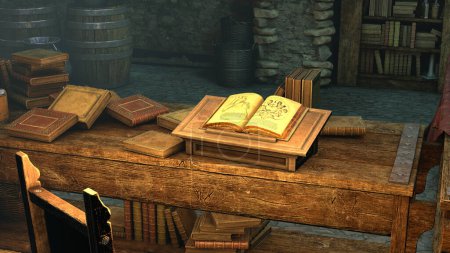 Foto de Una sala medieval llena de libros antiguos, y un libro abierto con dibujos médicos antiguos sobre una mesa de madera, ilustración 3D. - Imagen libre de derechos
