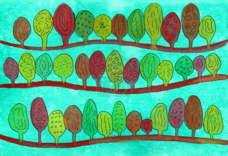 Foto de Acuarela dibujada a mano ilustración de un estilizado bosque otoñal con árboles multicolores, capturando la esencia encantadora de la temporada. - Imagen libre de derechos
