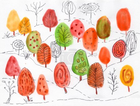 Téléchargez les photos : Illustration aquarelle dessinée à la main d'une forêt d'automne stylisée avec des arbres multicolores, capturant l'essence enchanteresse de la saison. - en image libre de droit