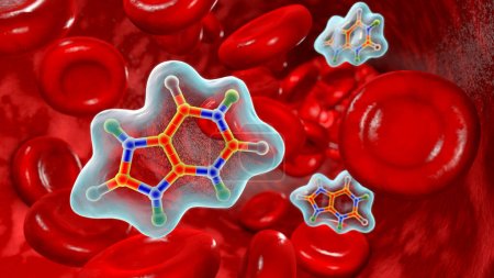 Foto de Ilustración científica en 3D que retrata la estructura molecular del ácido úrico en circulación, enfatizando su presencia dentro del torrente sanguíneo durante los procesos metabólicos. - Imagen libre de derechos