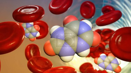 Téléchargez les photos : Illustration 3D scientifique dépeignant la structure moléculaire de l'acide urique en circulation, soulignant sa présence dans la circulation sanguine pendant les processus métaboliques. - en image libre de droit