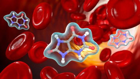 Foto de Ilustración científica en 3D que retrata la estructura molecular del ácido úrico en circulación, enfatizando su presencia dentro del torrente sanguíneo durante los procesos metabólicos. - Imagen libre de derechos