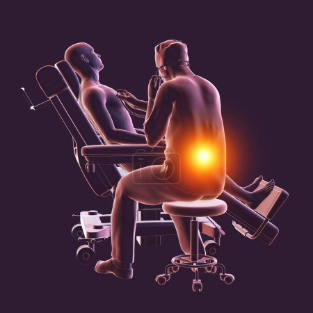 Photo pour Illustration 3D symbolisant les maladies professionnelles dans les soins de santé, mettant en vedette un médecin souffrant de maux de dos dus au stress lié au travail. - image libre de droit