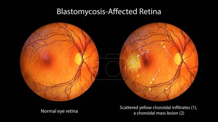 Foto de Retina en blastomicosis (infección causada por hongos Blastomyces dermatitidis) como se observa durante la oftalmoscopia. Ilustración 3D que muestra infiltrados coroideos amarillos dispersos y una lesión de masa coroidea. - Imagen libre de derechos