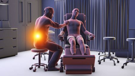 Téléchargez les photos : Illustration 3D symbolisant les maladies professionnelles dans les soins de santé, mettant en vedette un médecin souffrant de maux de dos dus au stress lié au travail. - en image libre de droit