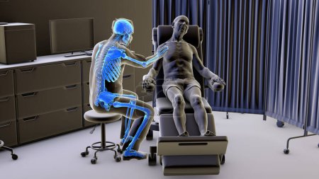 Foto de Ilustración conceptual 3D que revela a un médico con un esqueleto resaltado examinando a un paciente, enfatizando la actividad esquelética de los trabajadores de la salud y los posibles trastornos esqueléticos profesionales.. - Imagen libre de derechos