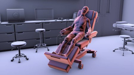Téléchargez les photos : Illustration 3D représentant un patient sur une roue médicale dans une salle d'hospitalisation, symbolisant la mobilité et le transport des soins de santé en milieu clinique. - en image libre de droit