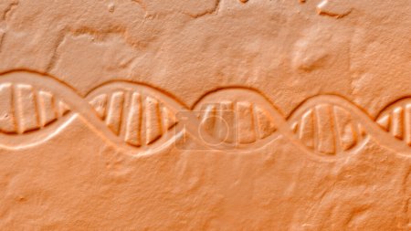 Téléchargez les photos : Illustration 3D d'une double hélice d'ADN ressemblant à de vieilles gravures murales, fusionnant représentation scientifique moderne et esthétique vintage. - en image libre de droit