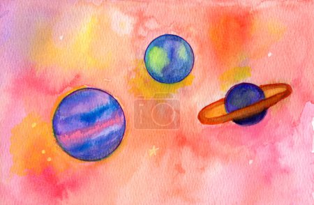 Photo for Hand-drawn watercolor illustration showcasing vibrant planets in the cosmos, a celestial masterpiece blending artistic finesse with astronomical allure. - Royalty Free Image