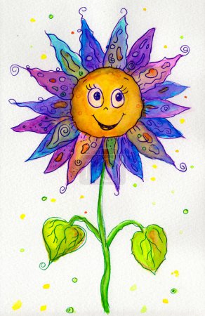 Photo for Cheerful hand-drawn watercolor illustration of a radiant, smiling flower in vivid colors, radiating joy and vibrant beauty. - Royalty Free Image