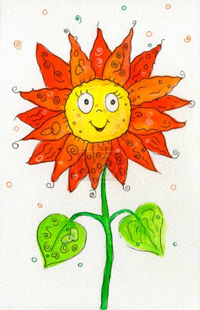 Téléchargez les photos : Illustration à l'aquarelle joyeuse dessinée à la main d'une fleur rayonnante et souriante aux couleurs vives, rayonnant de joie et de beauté vibrante. - en image libre de droit
