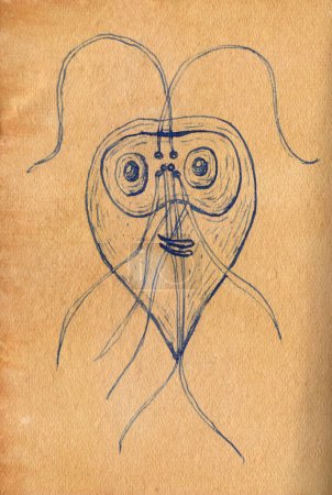 Photo for Scientific hand drawn illustration of Giardia lamblia protozoan on aged paper, evoking the style of medieval medical drawings. A flagellated protozoan causing giardiasis affecting the small intestine. - Royalty Free Image