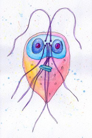 Foto de Acuarela ilustración dibujada a mano de Giardia lamblia protozoario, retratando su morfología y contribuyendo a la comprensión de este organismo parasitario. - Imagen libre de derechos