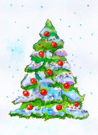 Téléchargez les photos : Illustration aquarelle de charme d'un arbre festif du Nouvel An orné de neige et de décorations fantaisistes, capturant la joie des fêtes. - en image libre de droit