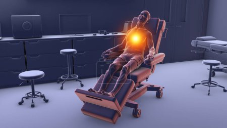 Téléchargez les photos : Illustration 3D représentant un patient masculin sur une roue médicale souffrant de douleurs cardiaques dans une salle d'hospitalisation, transmettant l'urgence de la détresse cardiovasculaire. - en image libre de droit